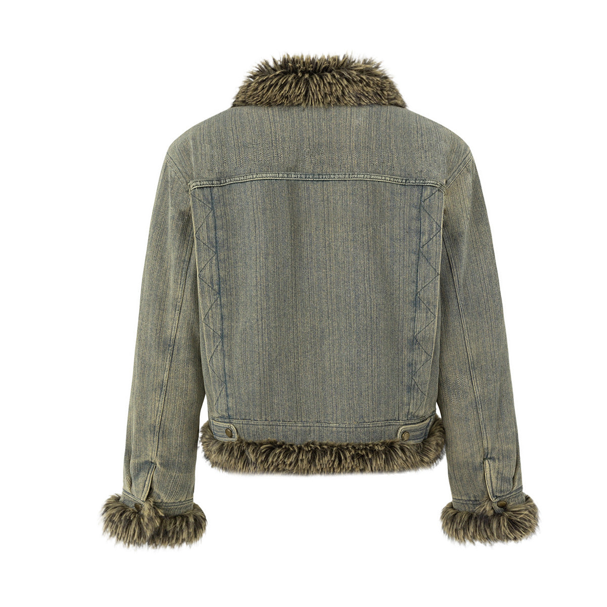 Washed Denim Fur-Trim Padded Jacket – Vintage American Moto Style