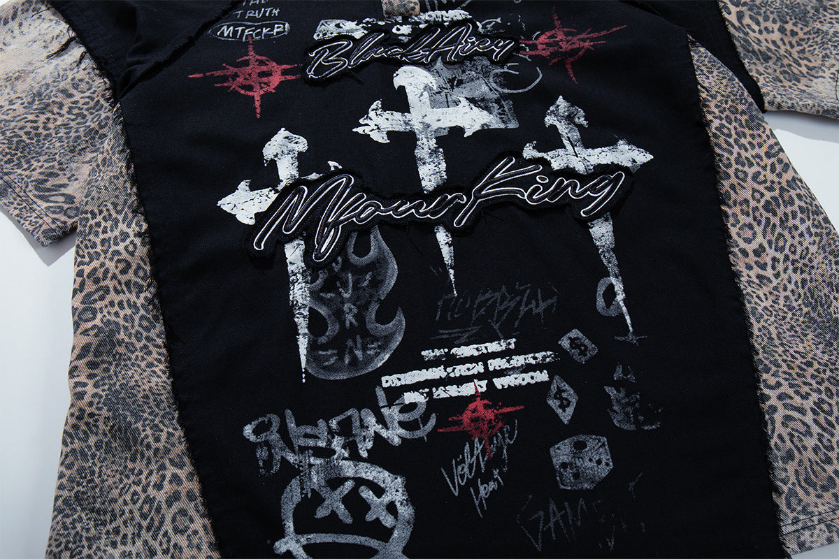 Chemise à col et manches courtes – Polo patchwork léopard graffiti