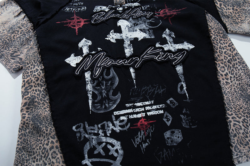 Chemise à col et manches courtes – Polo patchwork léopard graffiti