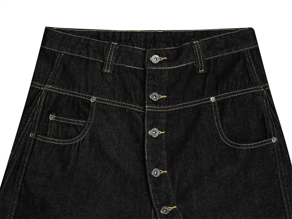 Men's Raw Black Denim Wide-Leg Jeans – Deconstructed Button Fly & Diagonal Seam
