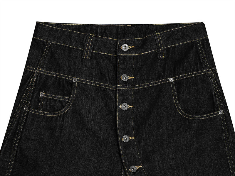 Men's Raw Black Denim Wide-Leg Jeans – Deconstructed Button Fly & Diagonal Seam