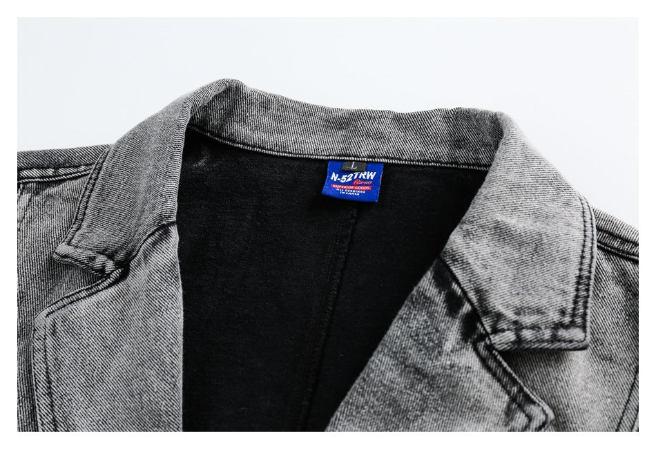 Oversized Washed Denim Blazer Jacket – Vintage Grey Black