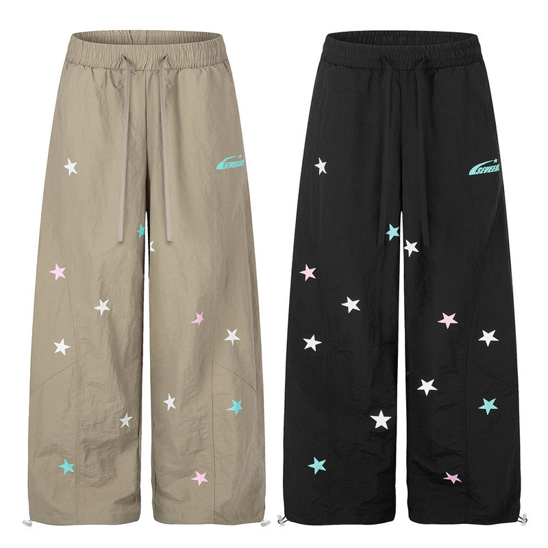 Star Print Wide Leg Parachute Pants – Drawstring Baggy Track Trousers