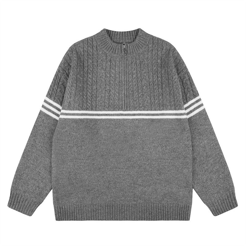 Herren-Pullover mit Reißverschluss – Cable-Knit-Half-Zip mit Streifen
