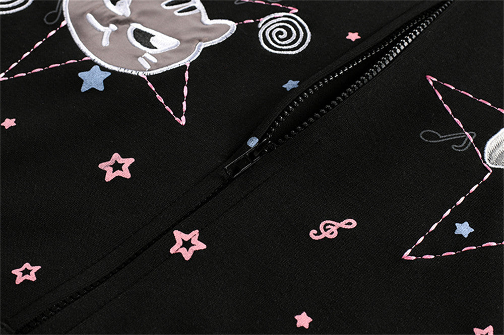 Cat Ear Zip-Up Hoodie with All-Over Music Note & Cartoon Print