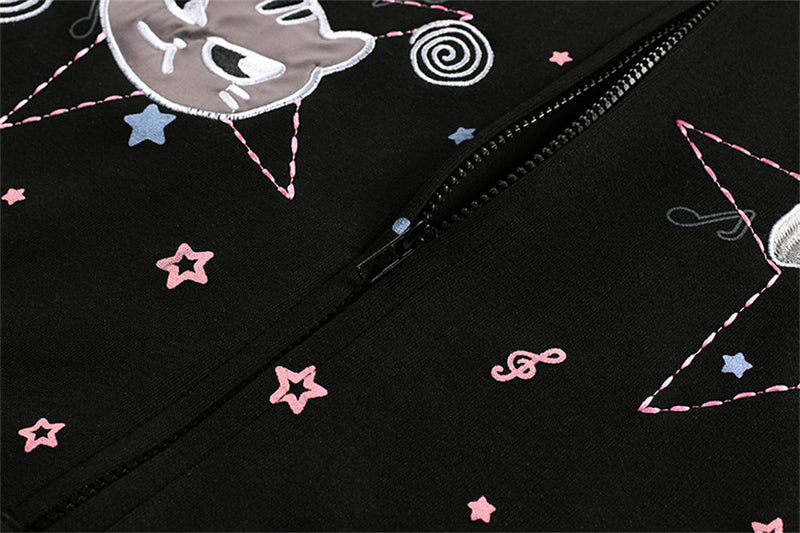 Cat Ear Zip-Up Hoodie with All-Over Music Note & Cartoon Print