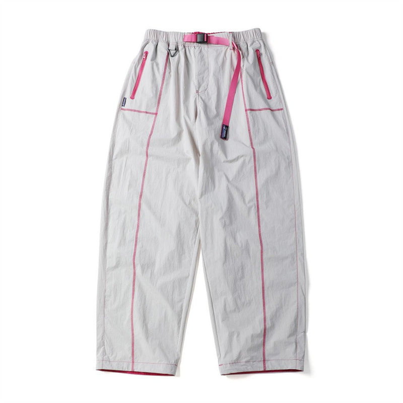 Men's wide-leg crinkle nylon track pants with contrast topstitching and buckle belt in light gray
