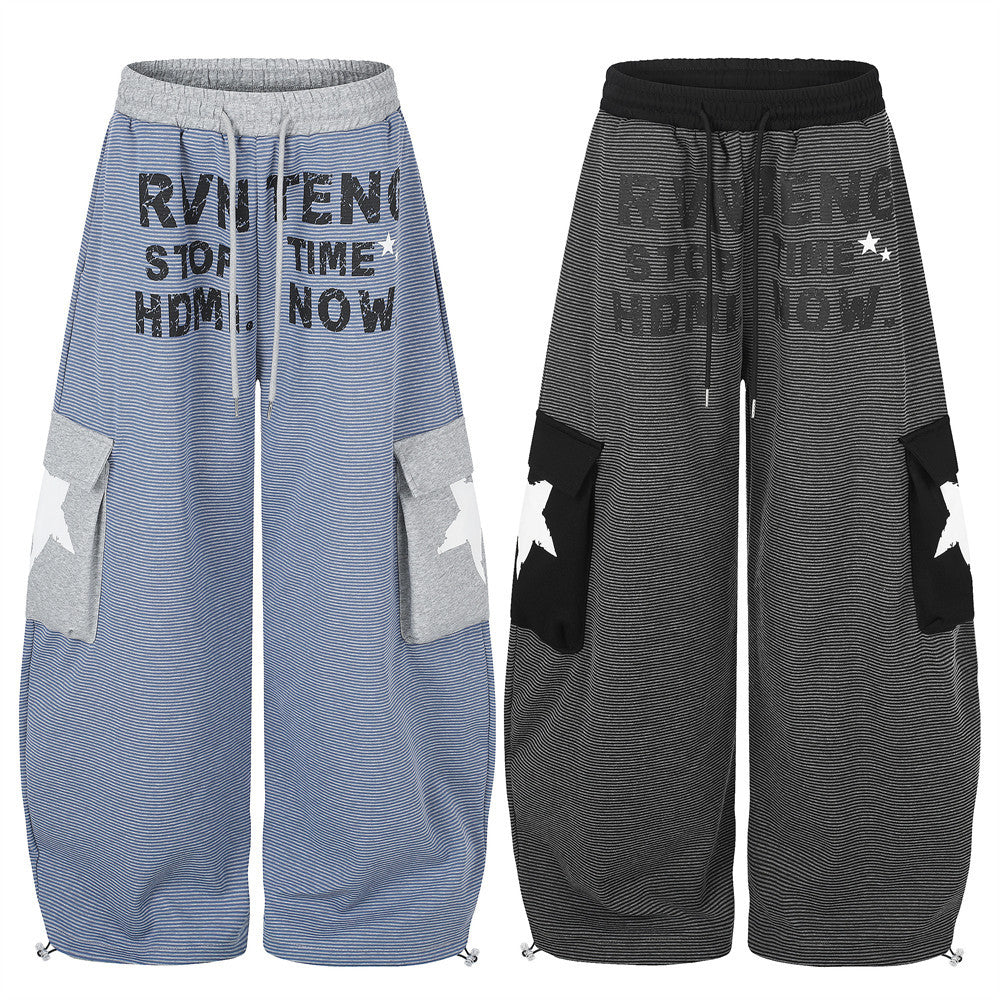 Wide-Leg Cargo Sweatpants with Letter Print & Star Patch Pockets