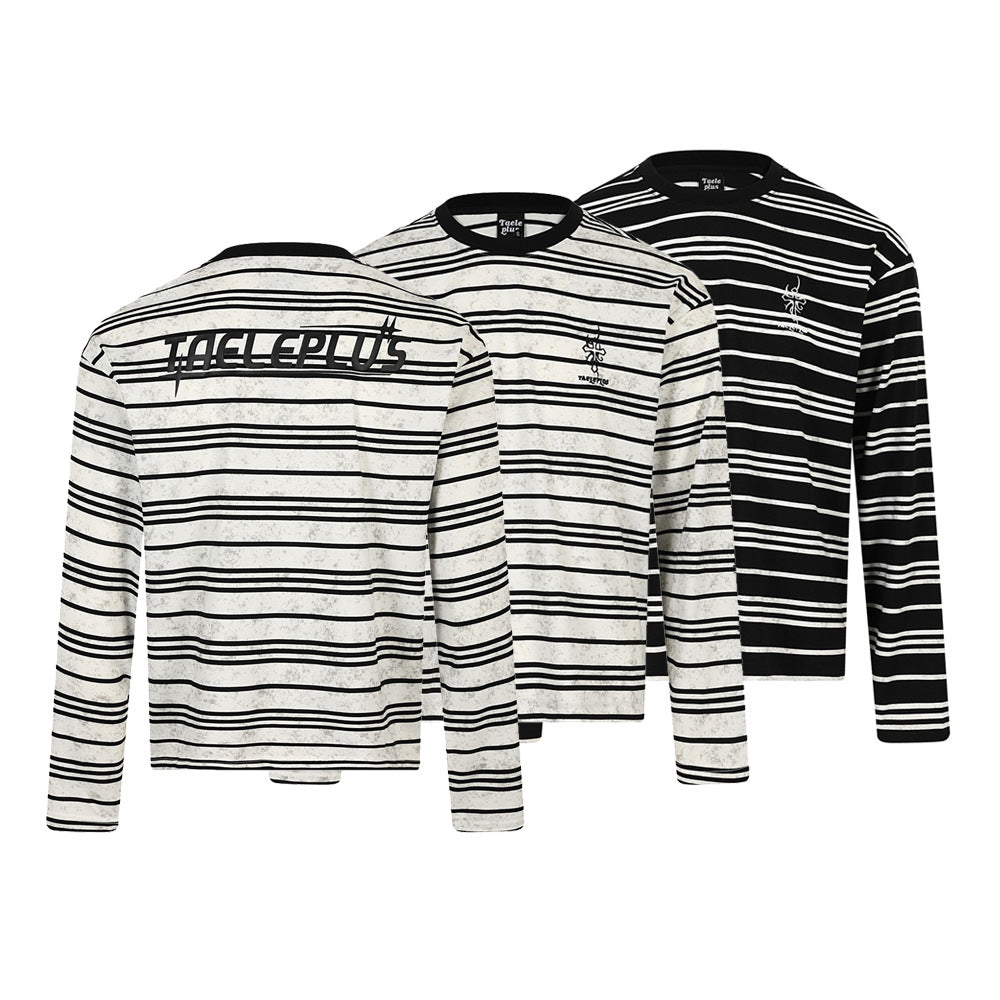Striped Long-Sleeve T-Shirt – Oversized Crew Neck with Logo Print