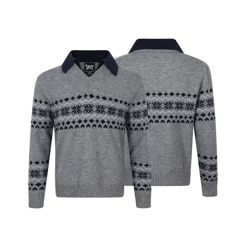 Fair Isle Jacquard Polo Collar Knit Sweater – Vintage Pattern Pullover