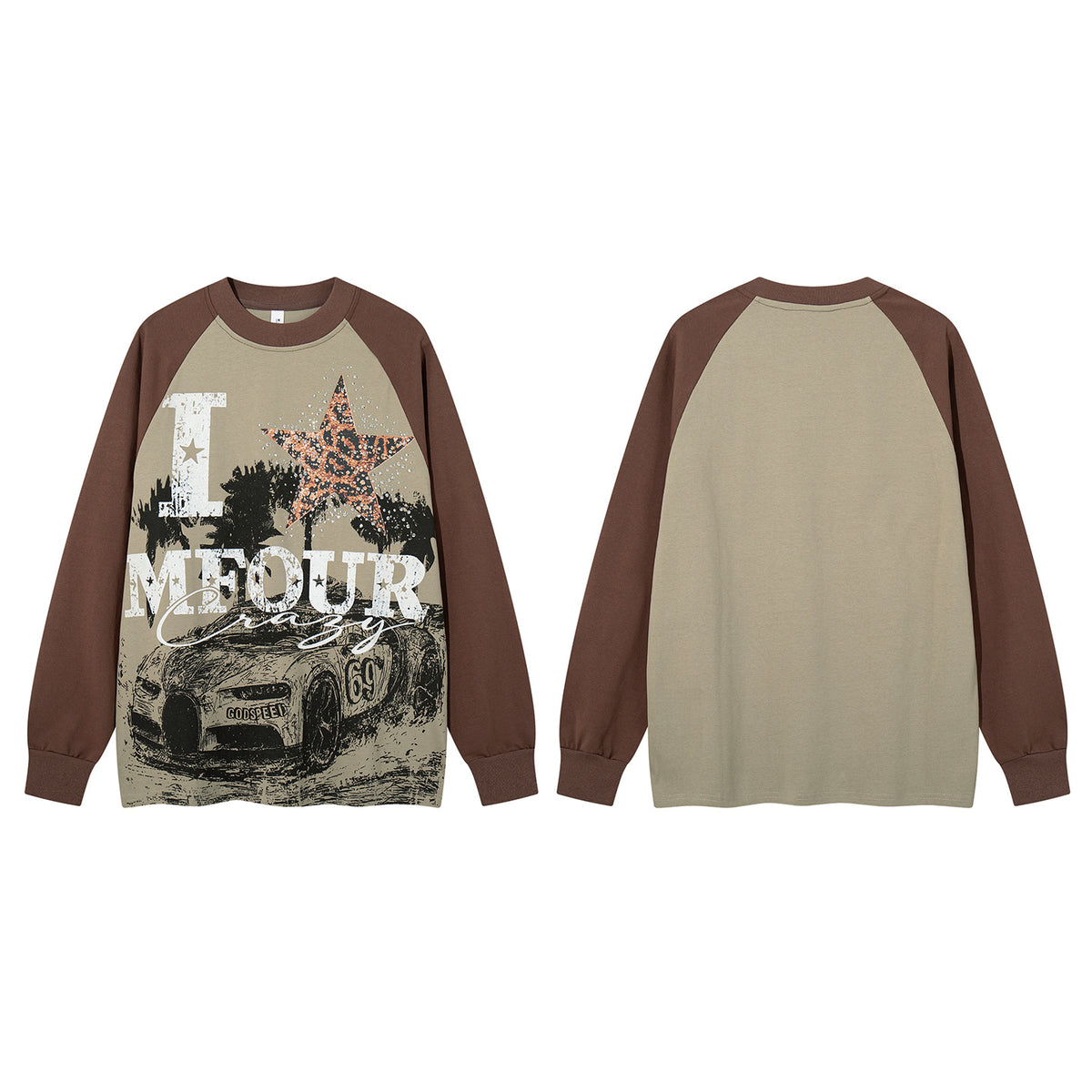 Long Sleeve Raglan Graphic T-Shirt – Oversized American Street Style with Star &