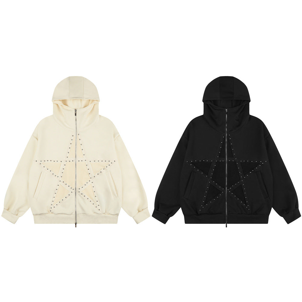 Men's Zip-Up Hoodie with Patchwork Star Stud Detail