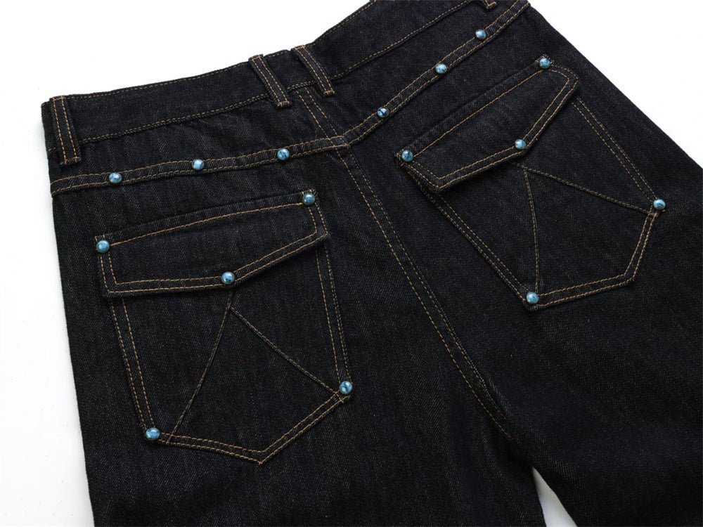 Wide-Leg Barrel Jeans – Turquoise Stud Detail, Curved Silhouette