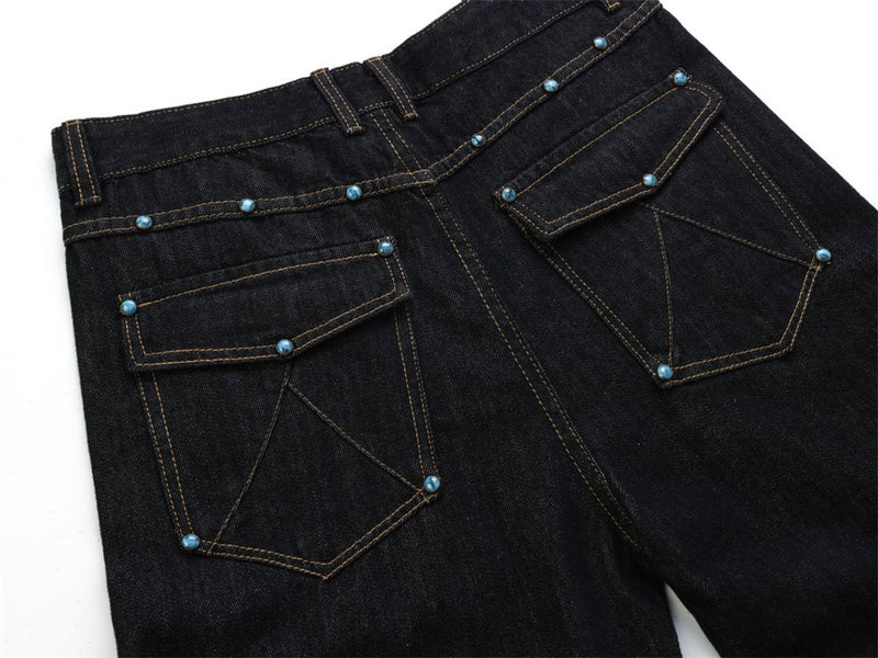 Wide-Leg Barrel Jeans – Turquoise Stud Detail, Curved Silhouette