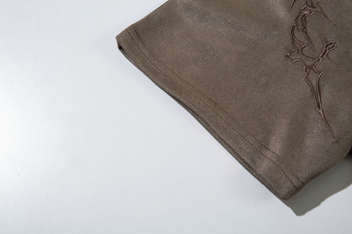 Men's Oversized Suede-Finish Thorn Embroidery Short Sleeve T-Shirt