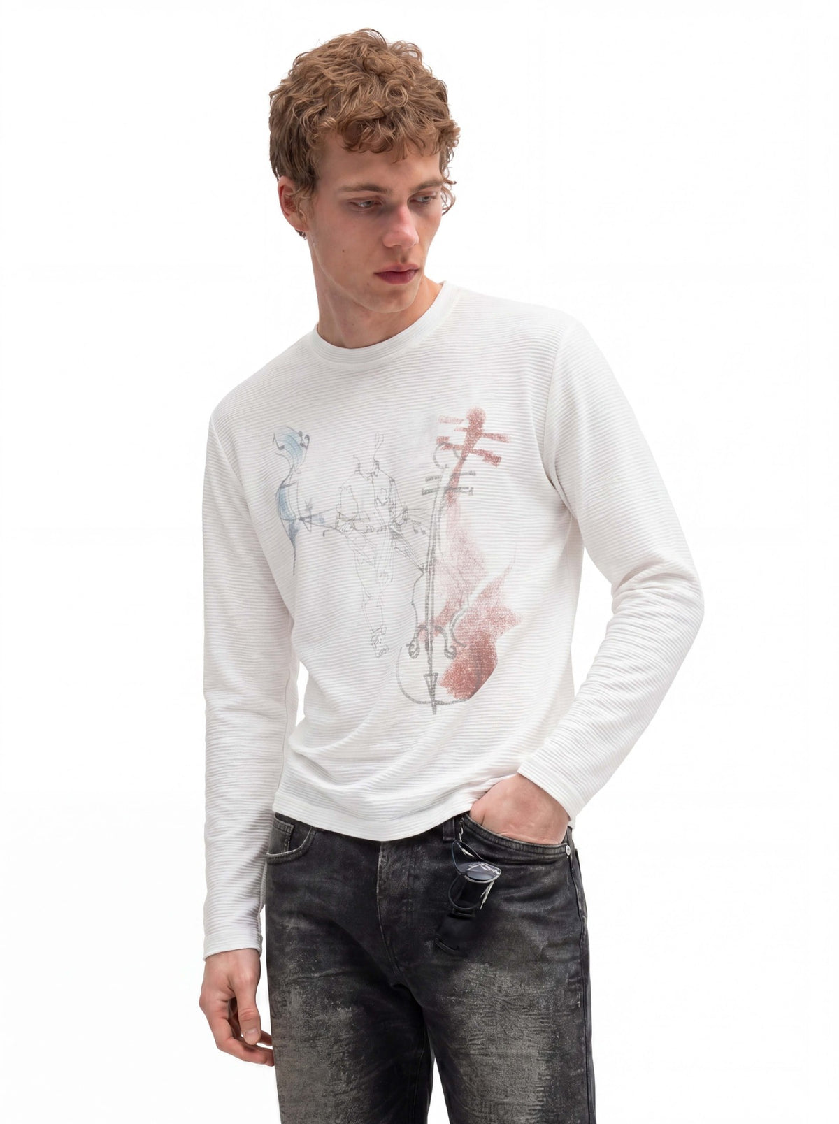 Long Sleeve Graphic Shirt – Cello Musician Sketch Print, Relaxed Fit