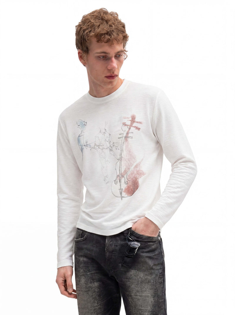 Long Sleeve Graphic Shirt – Cello Musician Sketch Print, Relaxed Fit