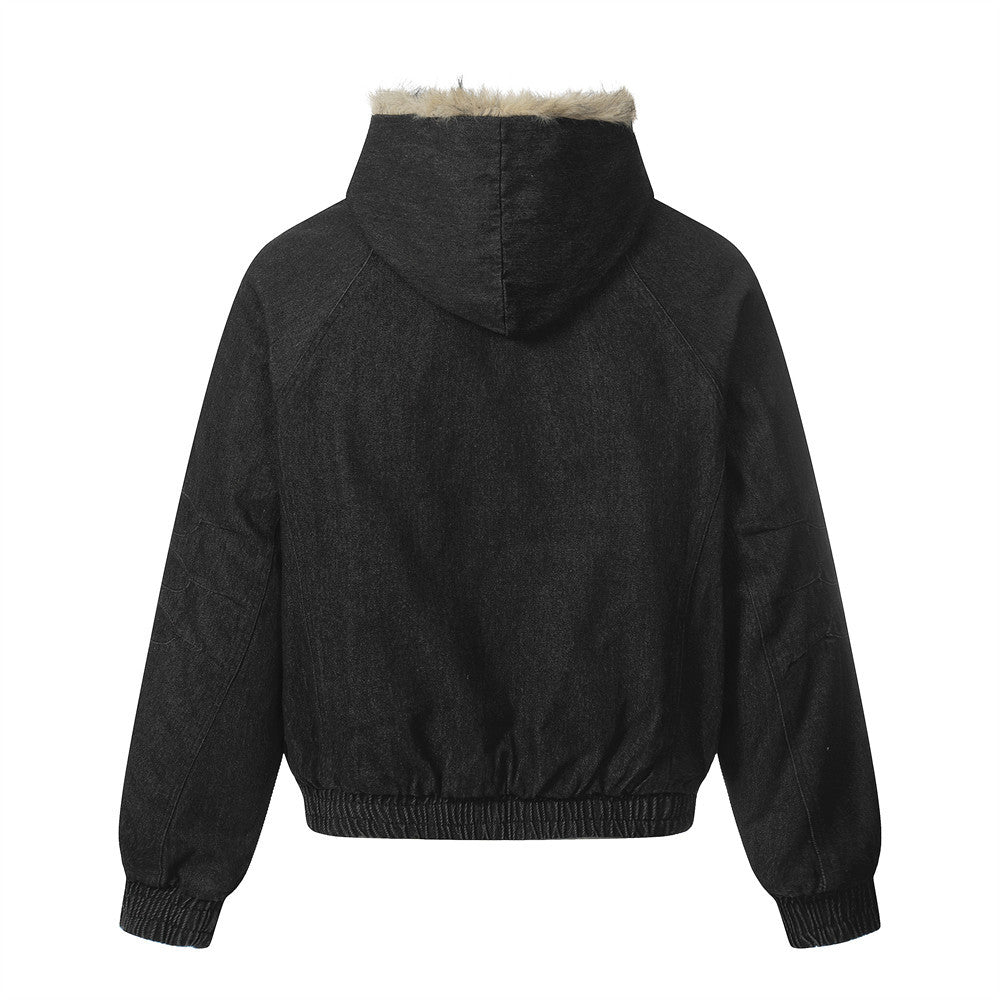 Fur-Trim Hooded Denim Bomber Jacket – Padded Winter Coat
