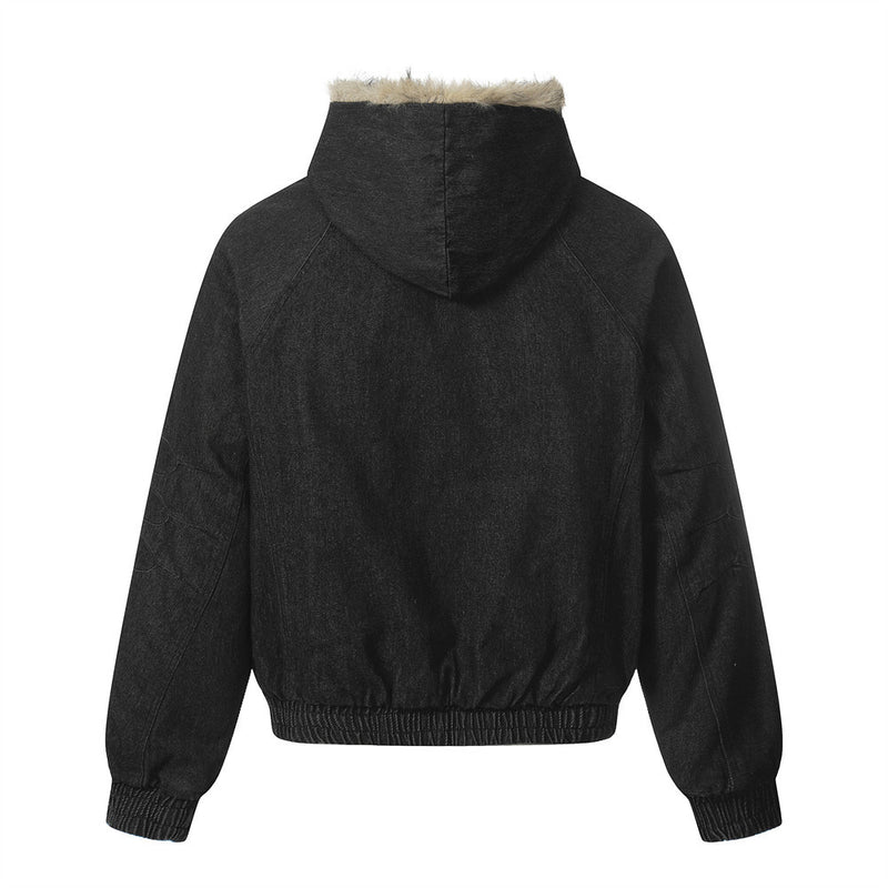 Fur-Trim Hooded Denim Bomber Jacket – Padded Winter Coat