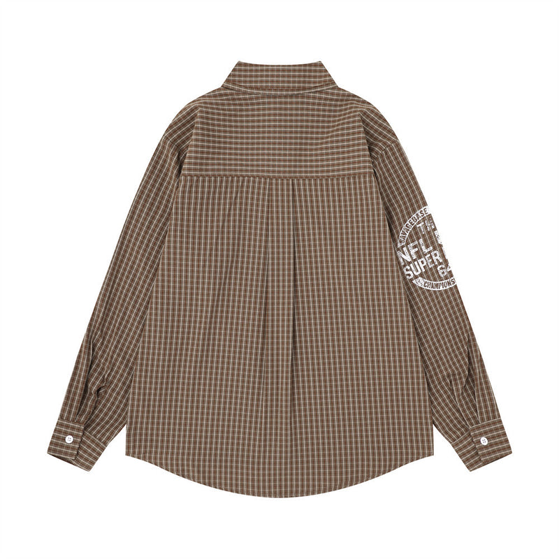 Plaid Long Sleeve Shirt with Varsity Graphic Print – Oversized Relaxed Fit