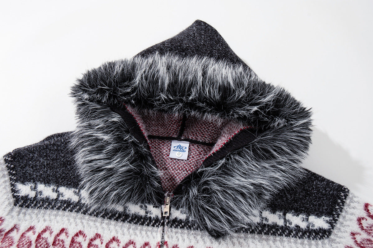 Paisley Fair Isle Knit Zip-Up Hoodie with Faux Fur Trim