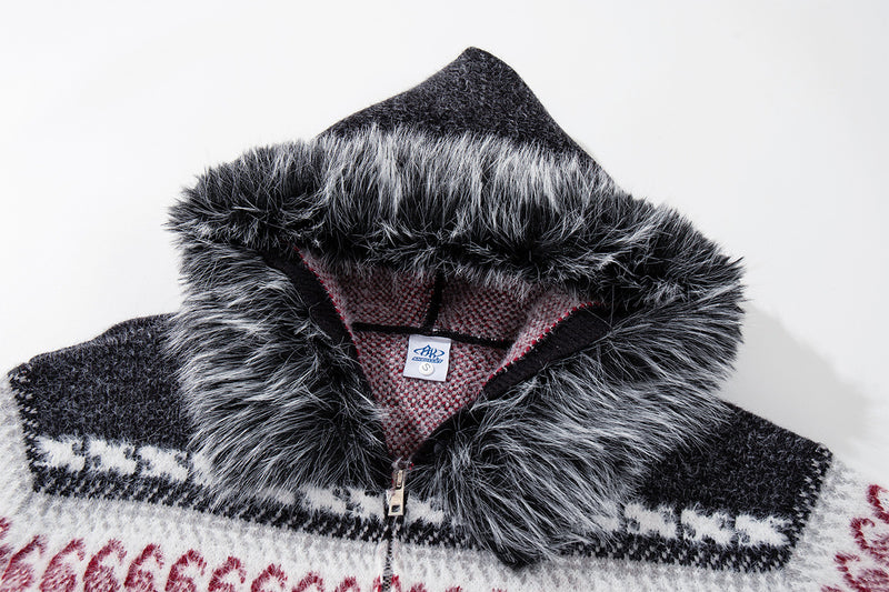 Paisley Fair Isle Knit Zip-Up Hoodie with Faux Fur Trim