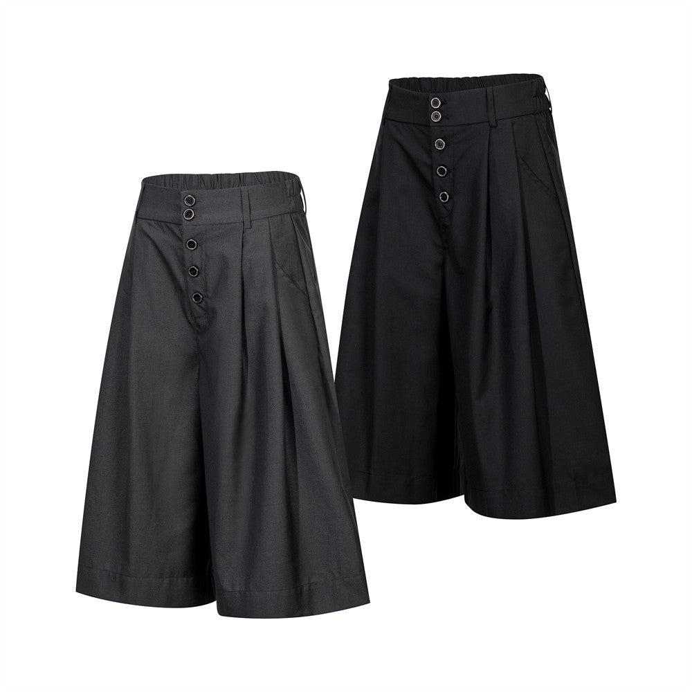 Wide-Leg Pleated Culottes Shorts with Button Fly
