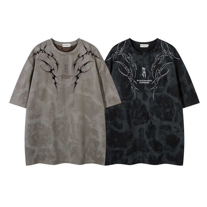 Tribal Thorn Graphic Acid Wash Oversized T-Shirt Men