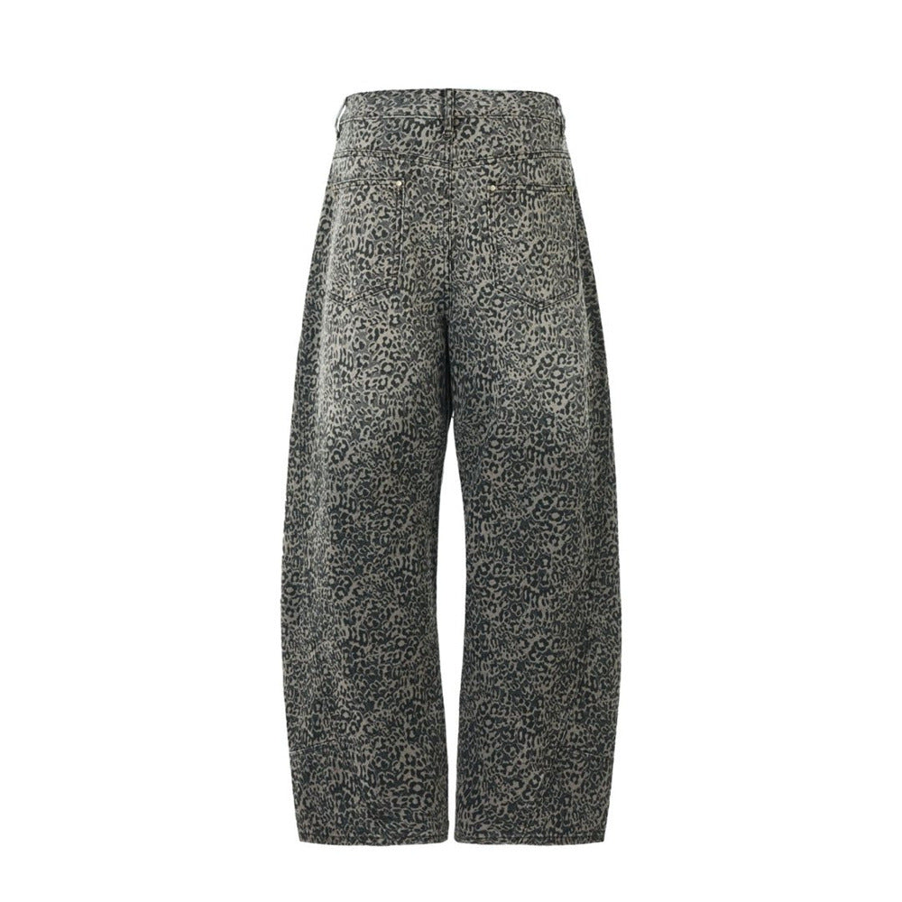 Leopard Print Wide-Leg Jeans – Vintage Washed Oversized Baggy Denim Pants