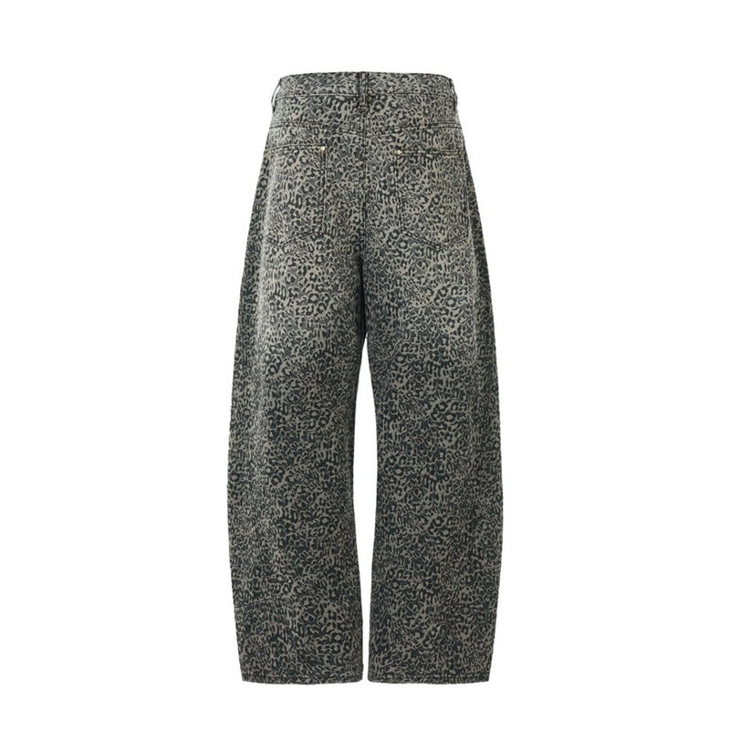 Leopard Print Wide-Leg Jeans – Vintage Washed Oversized Baggy Denim Pants