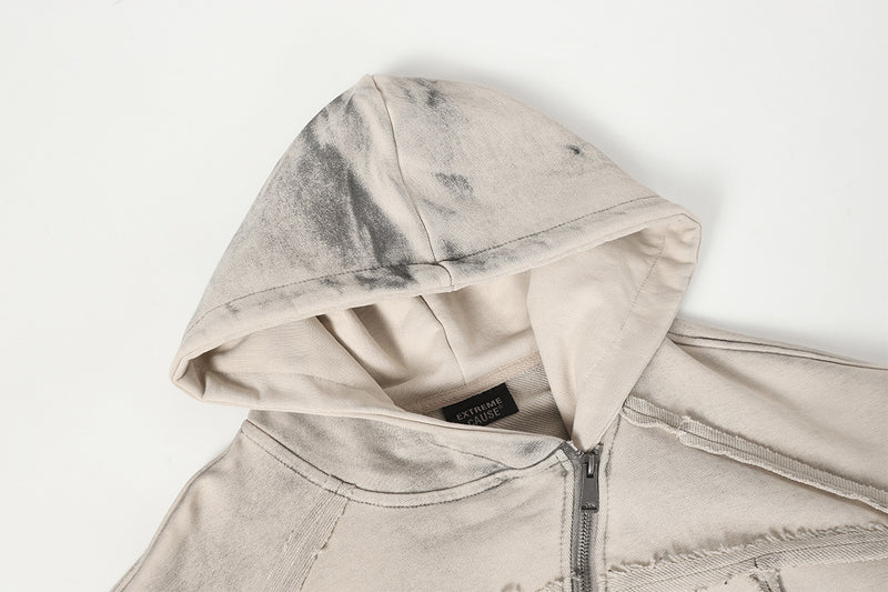 Deconstructed Asymmetric Zip Hoodie – Washed Oversized American Streetwear