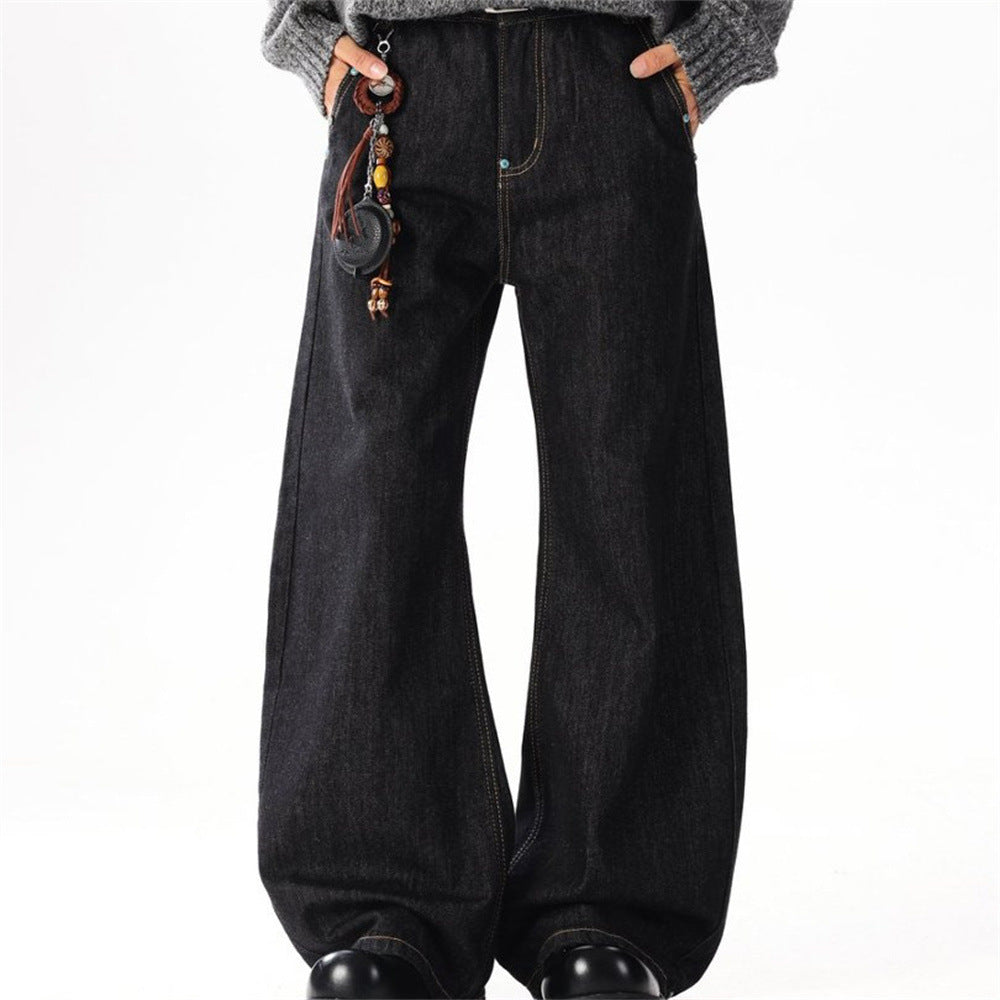 Wide-Leg Barrel Jeans – Turquoise Stud Detail, Curved Silhouette
