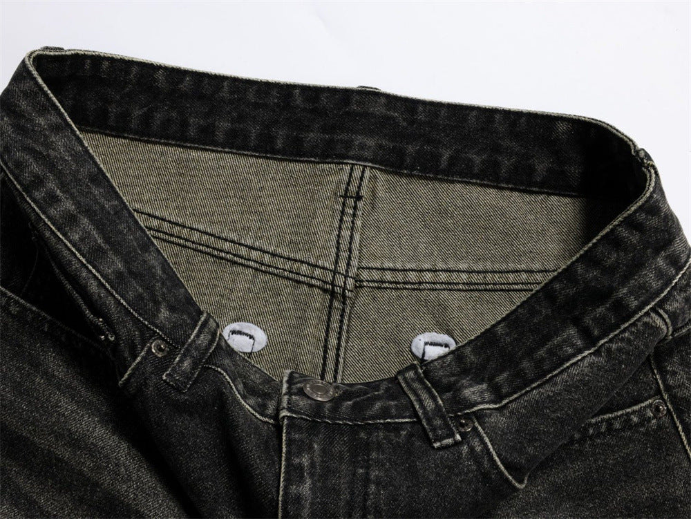 Baggy Straight Leg Jeans – Men's Vintage Washed Distressed Black Wide-Leg Denim