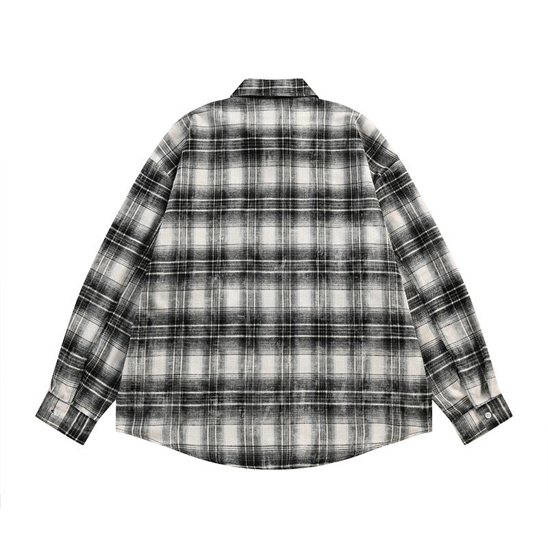 Long Sleeve Button Shirt – Plaid Patchwork Graphic Print Oversized Flannel