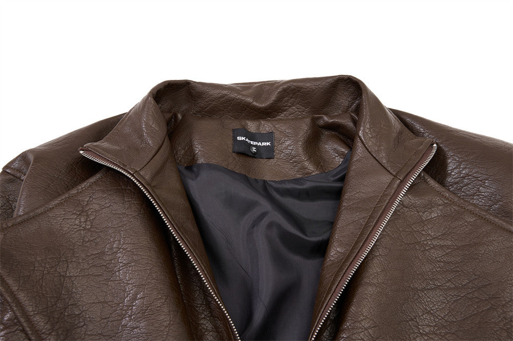 Men's Oversized PU Leather Bomber Jacket – Stand Collar Double-Breasted Snap