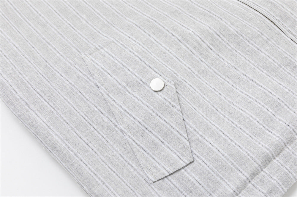 Reversible Stand Collar Zip Jacket – Cream & Pinstripe Oversized Fit