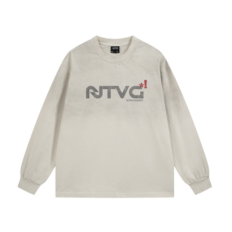 NTVG Acid Wash Long Sleeve Graphic T-Shirt – Distressed Logo Crew Neck