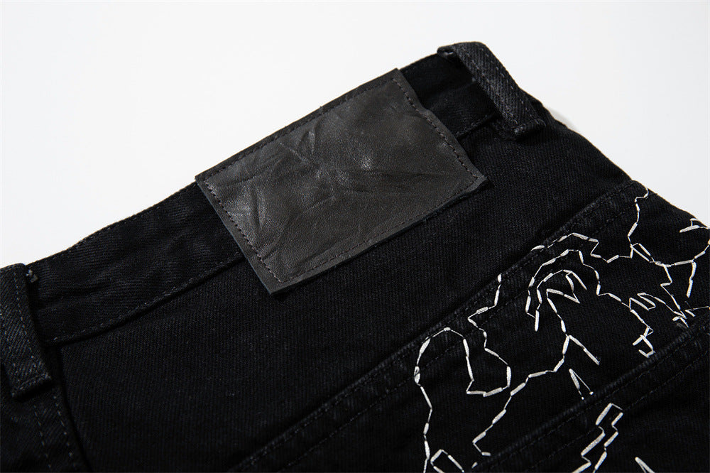 Wide-Leg Denim Shorts – All-Over Chaotic Stitch Embroidery, Hip-Hop Style