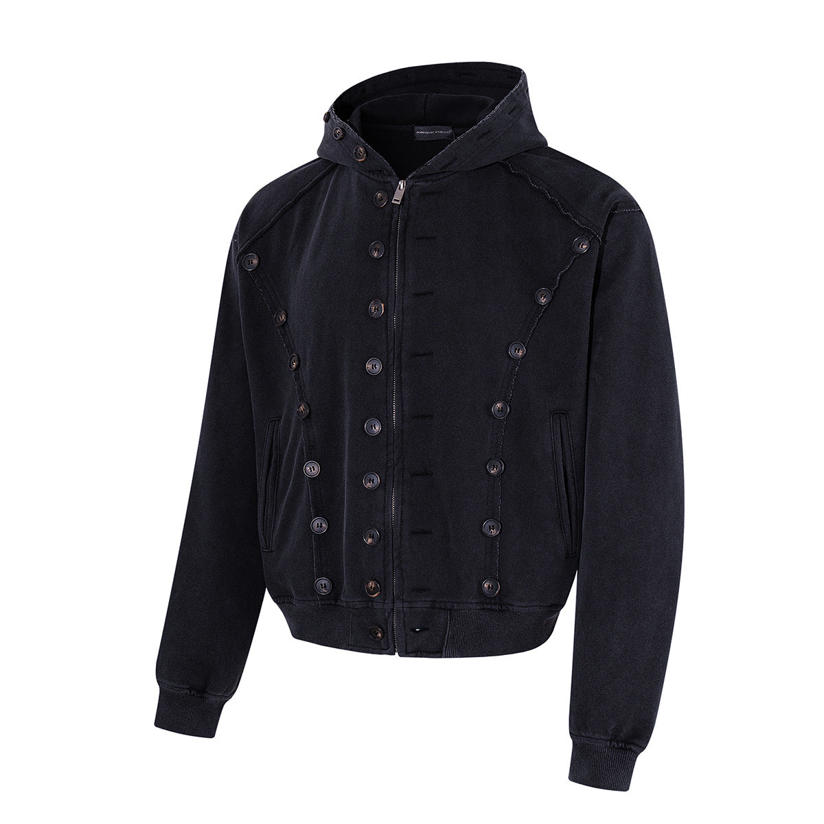 Schwerer Zip-Hoodie – Verwaschenes Schwarz, Streetwear-Design mit mehreren Knöpfen