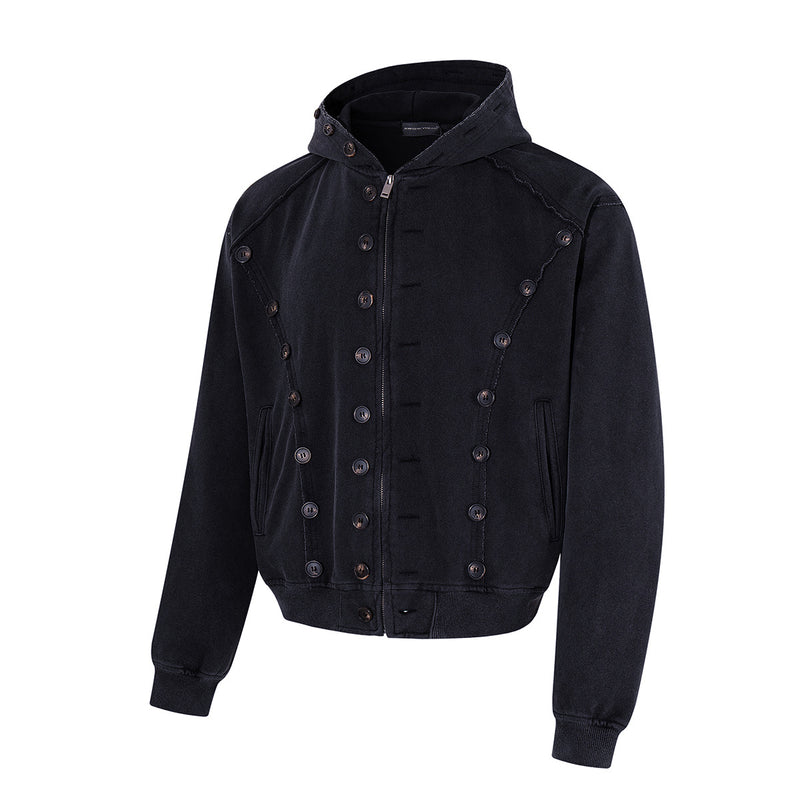 Schwerer Zip-Hoodie – Verwaschenes Schwarz, Streetwear-Design mit mehreren Knöpfen
