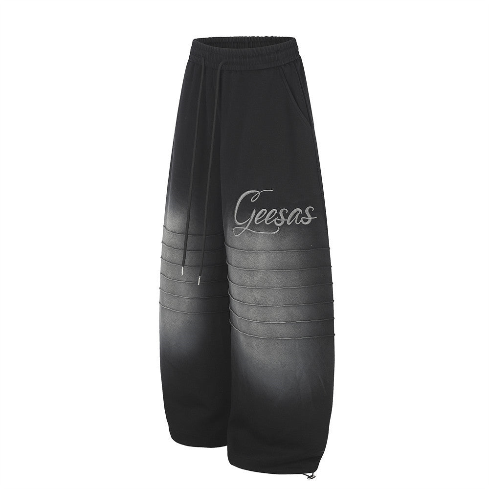 Wide-Leg Sweatpants with Gradient Wash, Letter Embroidery & Pintuck Detail