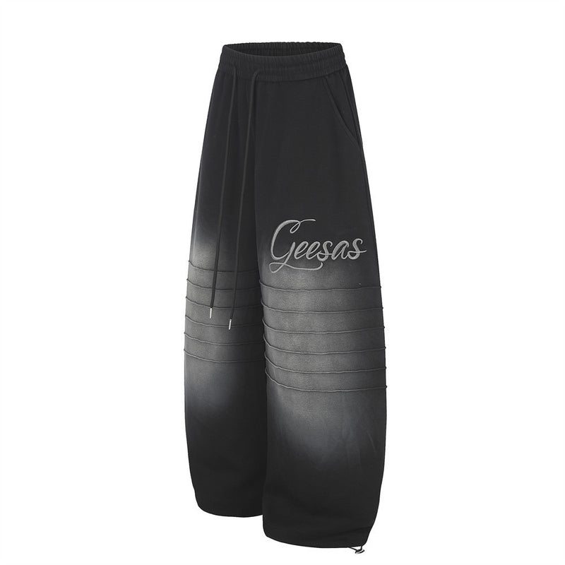 Wide-Leg Sweatpants with Gradient Wash, Letter Embroidery & Pintuck Detail