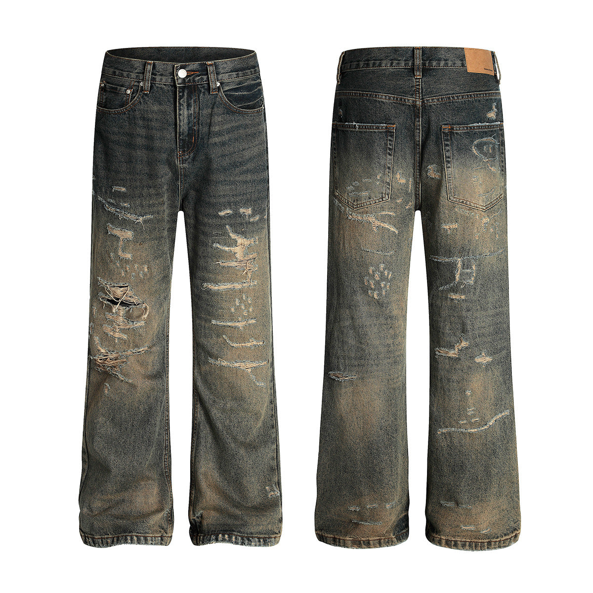 Distressed Straight-Leg-Jeans – Vintage-Washed-Ripped-Denim mit Dirty-Dye