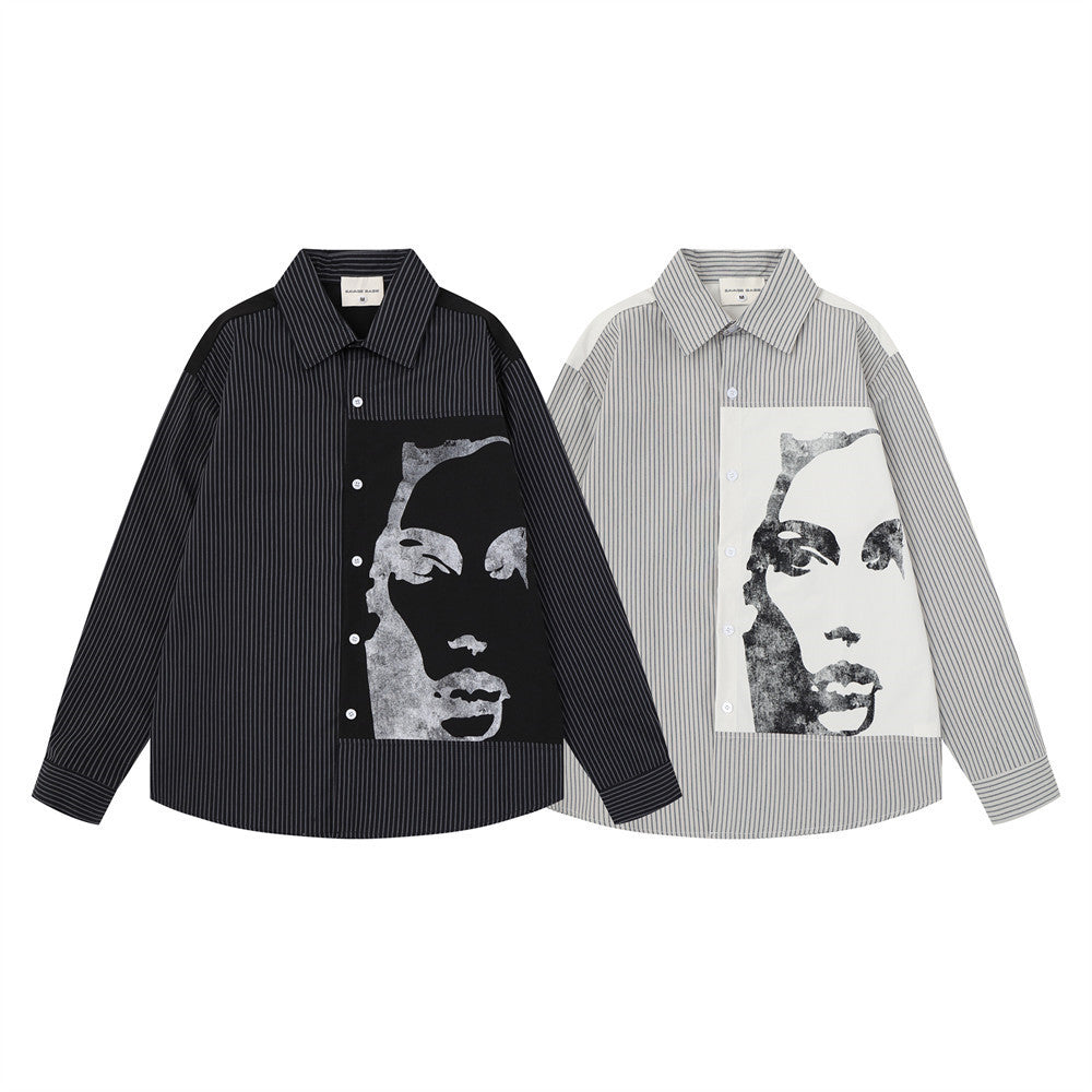 Striped Abstract Face Print Oversized Long Sleeve Shirt
