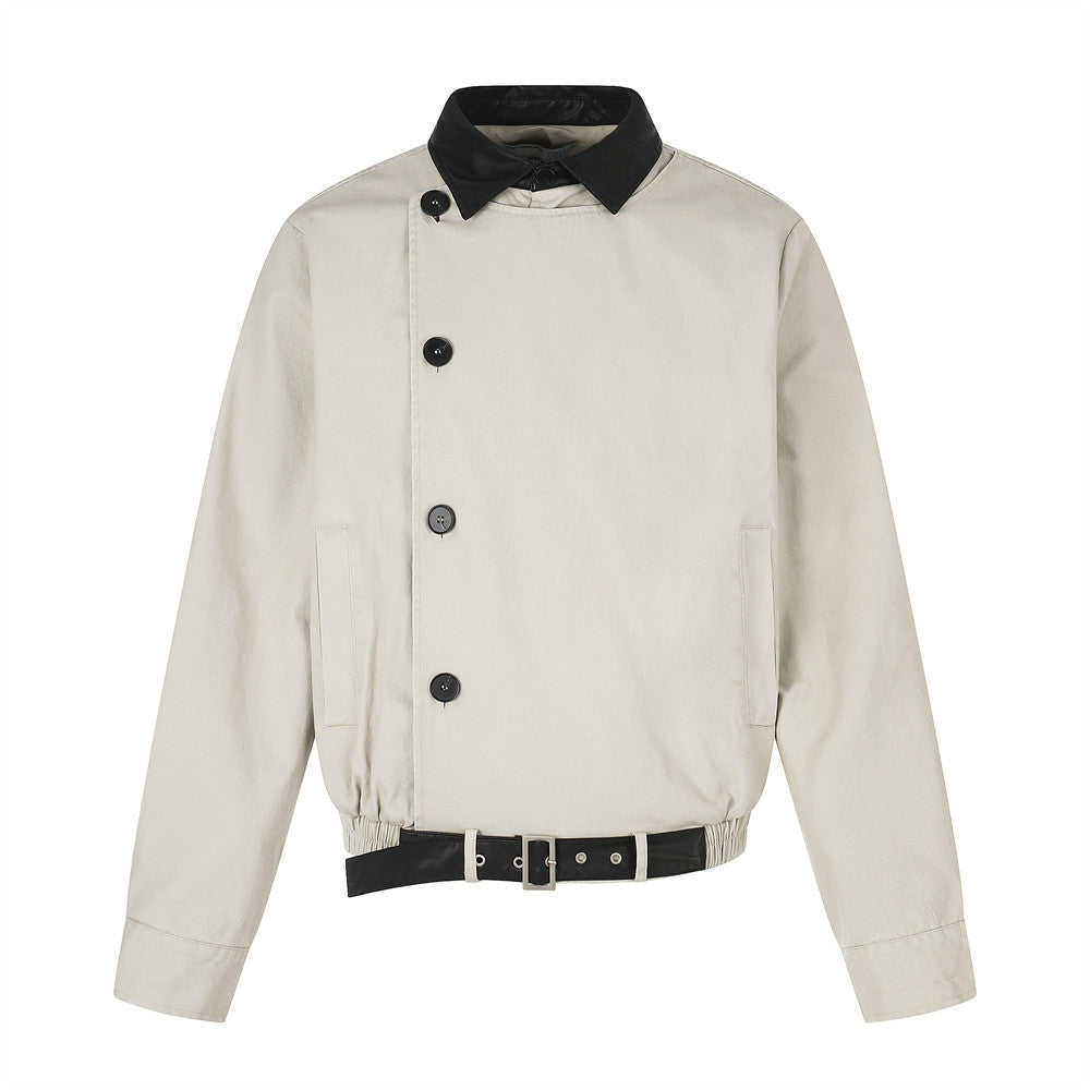 Men's moto-inspired workwear jacket in off-white with asymmetric button placket, contrast black lapel collar, and belted elas
