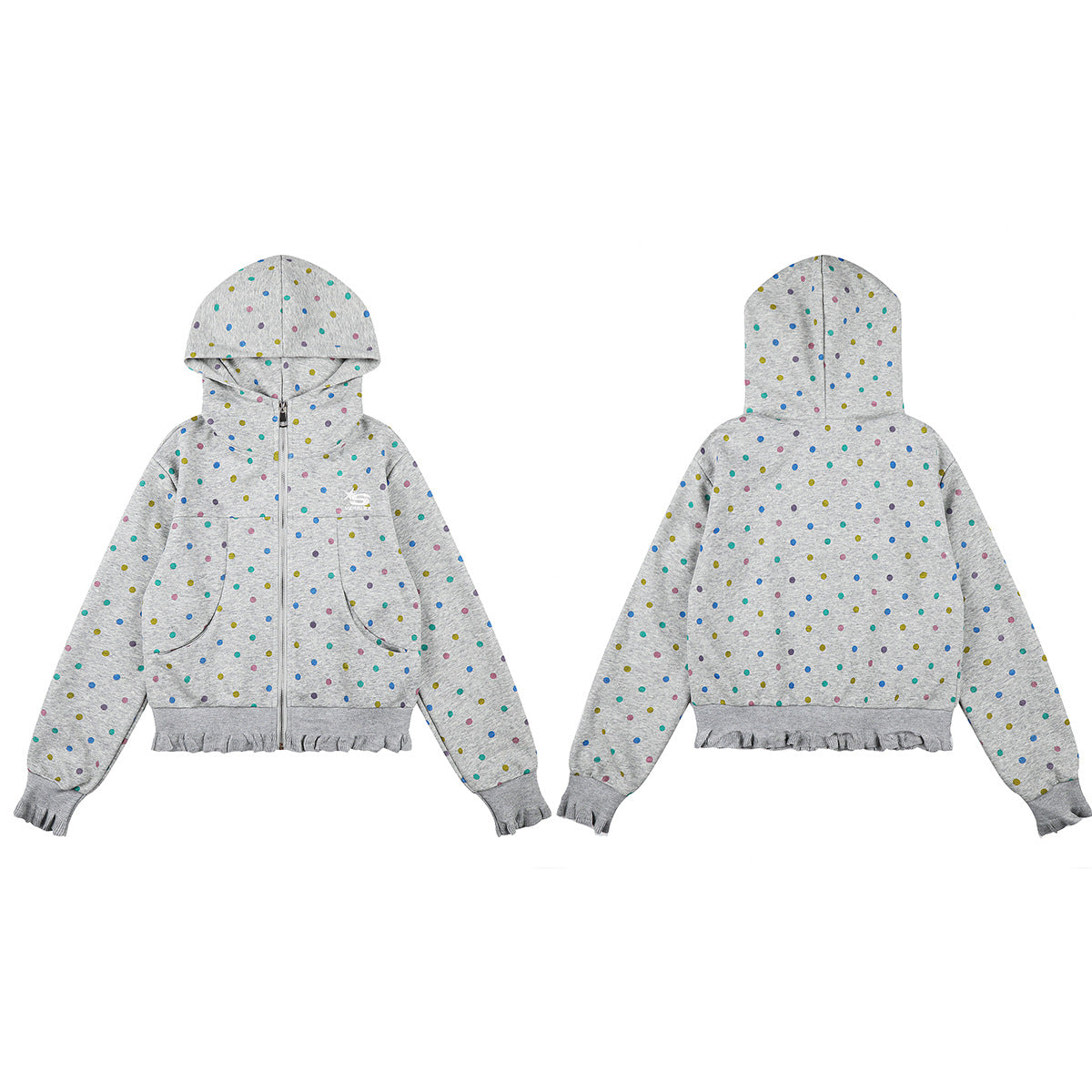 Sweat à capuche zippé pour femme – Sweat court gris à pois multicolores et volants