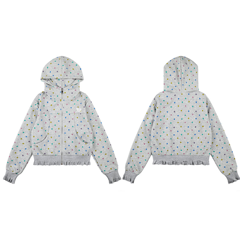 Sweat à capuche zippé pour femme – Sweat court gris à pois multicolores et volants