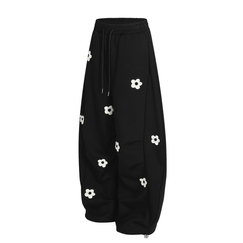Pantalon de survêtement wide leg avec broderie florale intégrale et taille à cordon