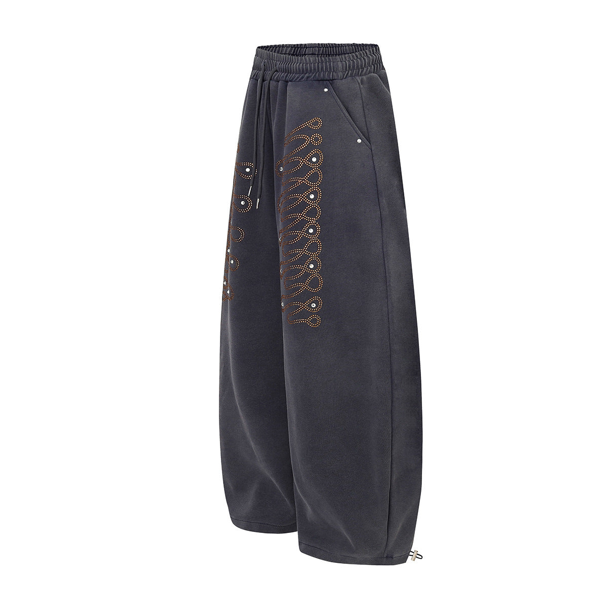 Wide-Leg Sweatpants with Rhinestone Flame Detail, Washed Vintage Finish