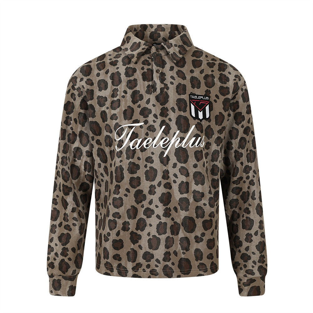 Men's relaxed-fit leopard print long-sleeve polo shirt with snap-button placket and embroidered Taeleplus badge on chest
